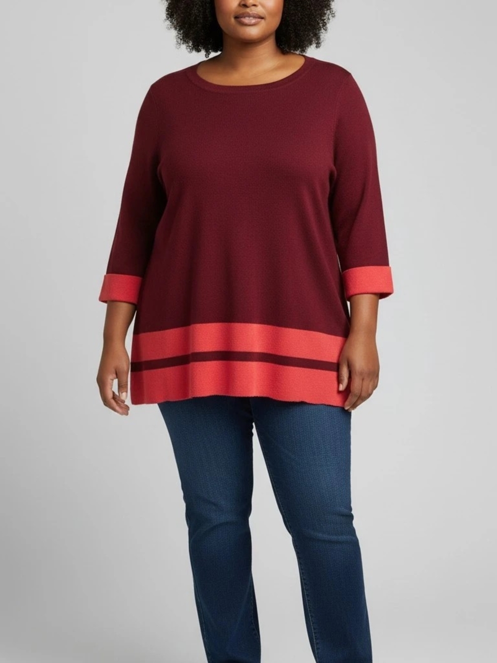 Max Studio Burgundy Tunic with Coral Stripe Accents